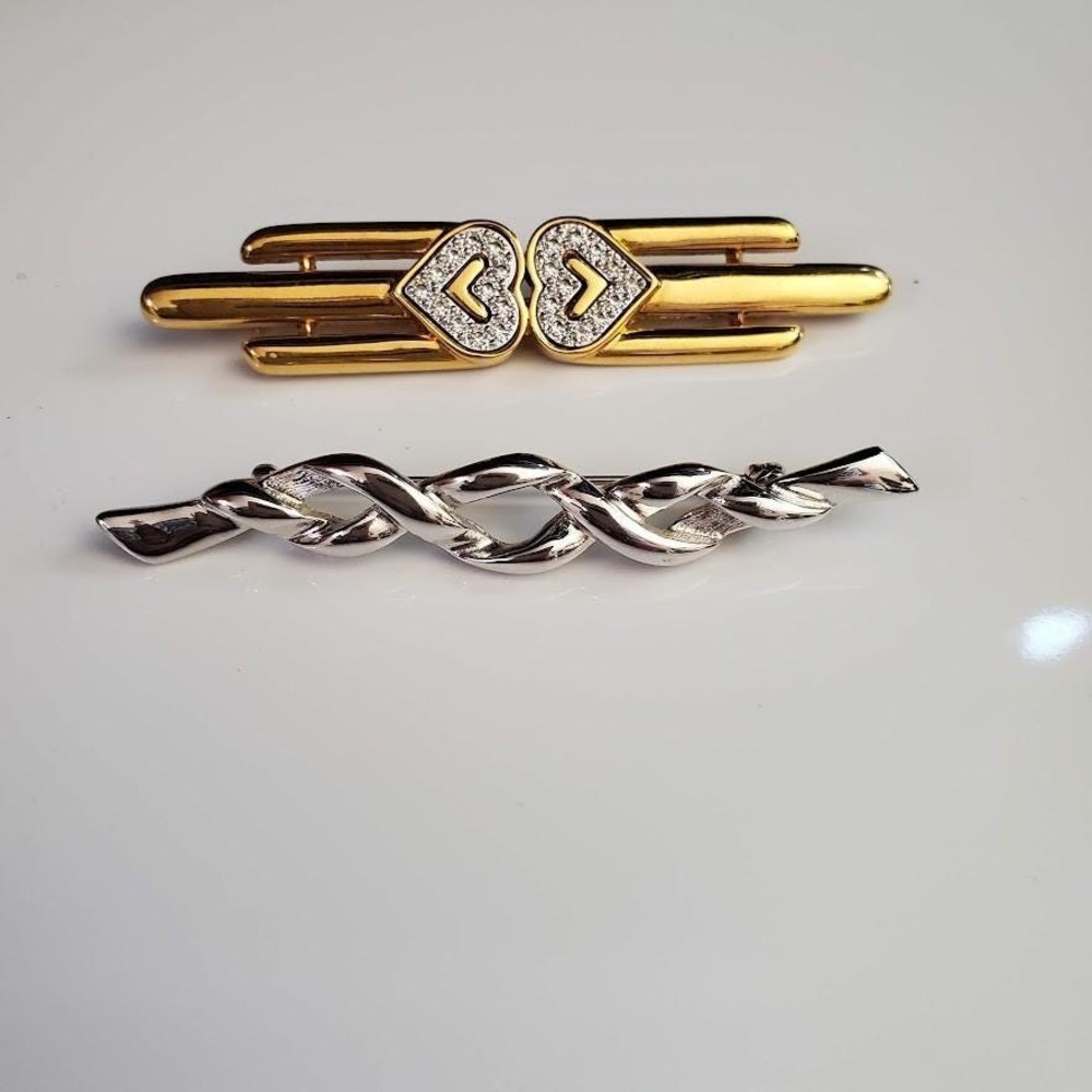 2 Monet Vintage Brooches Pins Silver Tone Twisted Bar Gold Tone Heart Rhinestone